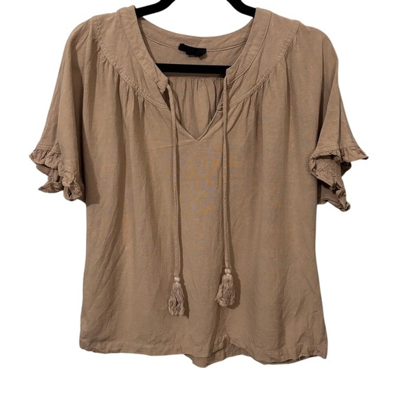 HEYSON Tan Relaxed Tie-Front Blouse with Ruffled‎ Sleeves Linen Blend - Picture 1 of 7